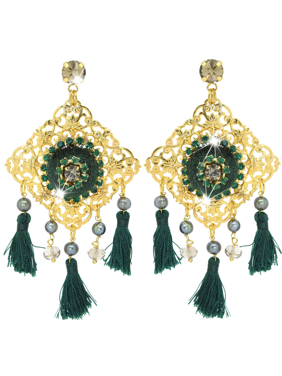 Orecchini in filigrana con nappe e bottoni di velluto verdi, perle, strass e pietre naturali