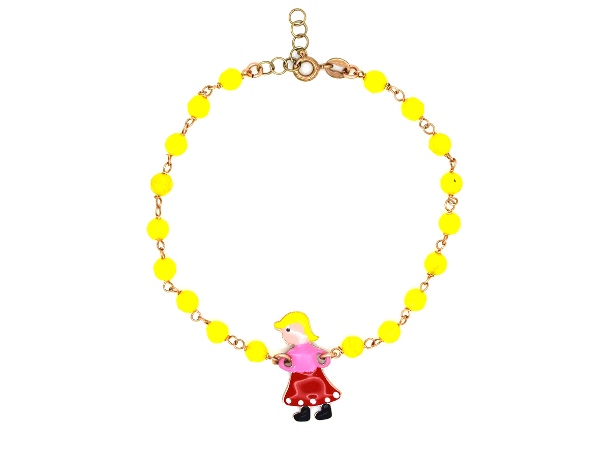 Bracciale in argento placcato oro rosa con centrale smaltato a forma di bambina e pietre gialle
