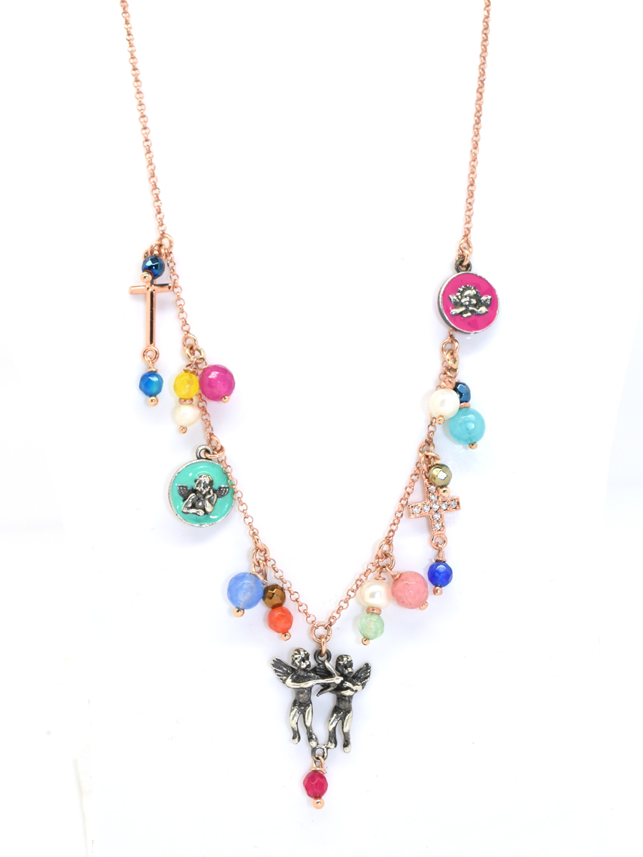 collana in argento con pendenti a forma di angeli e smaltati e croci e con perle e pietre naturali