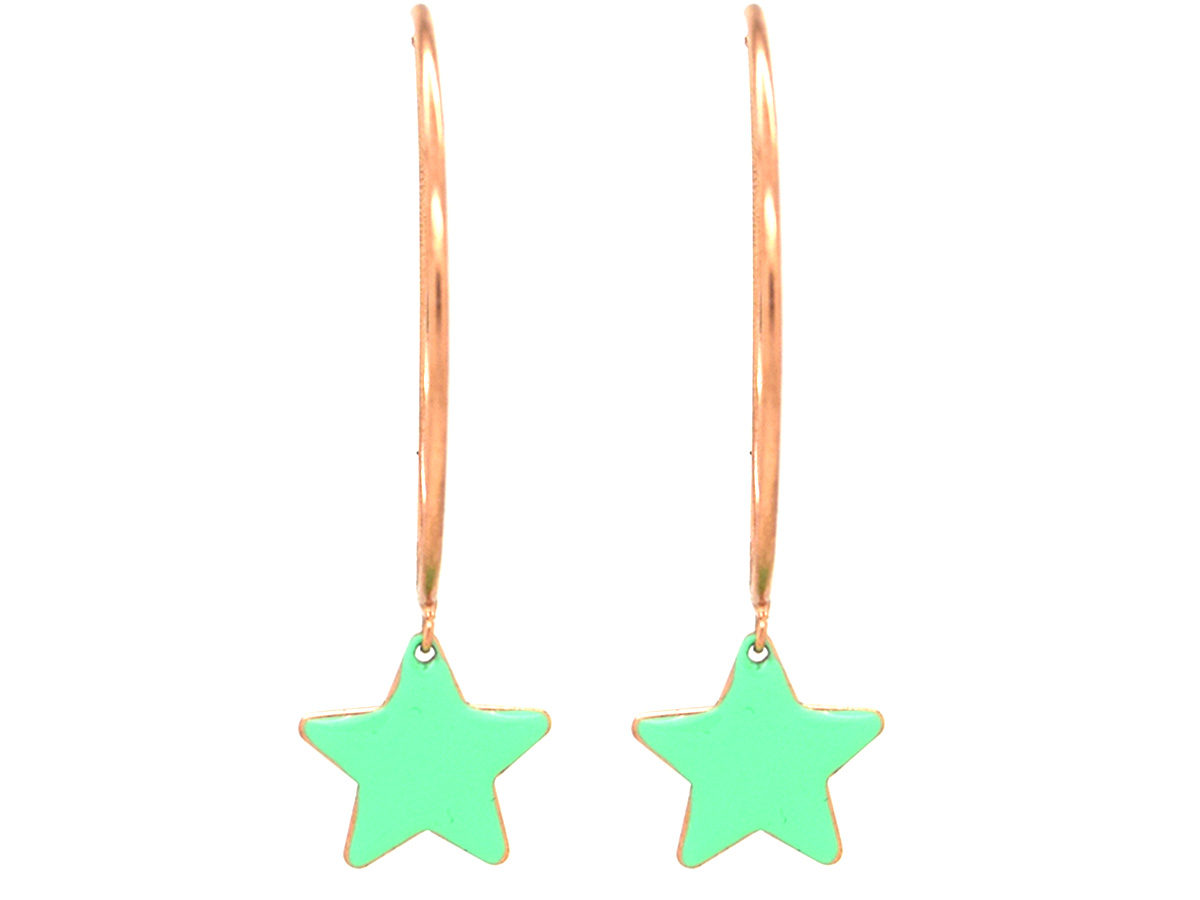 Orecchini campanella in argento placcato oro rosa con pendente smaltato verde acqua a forma di stella