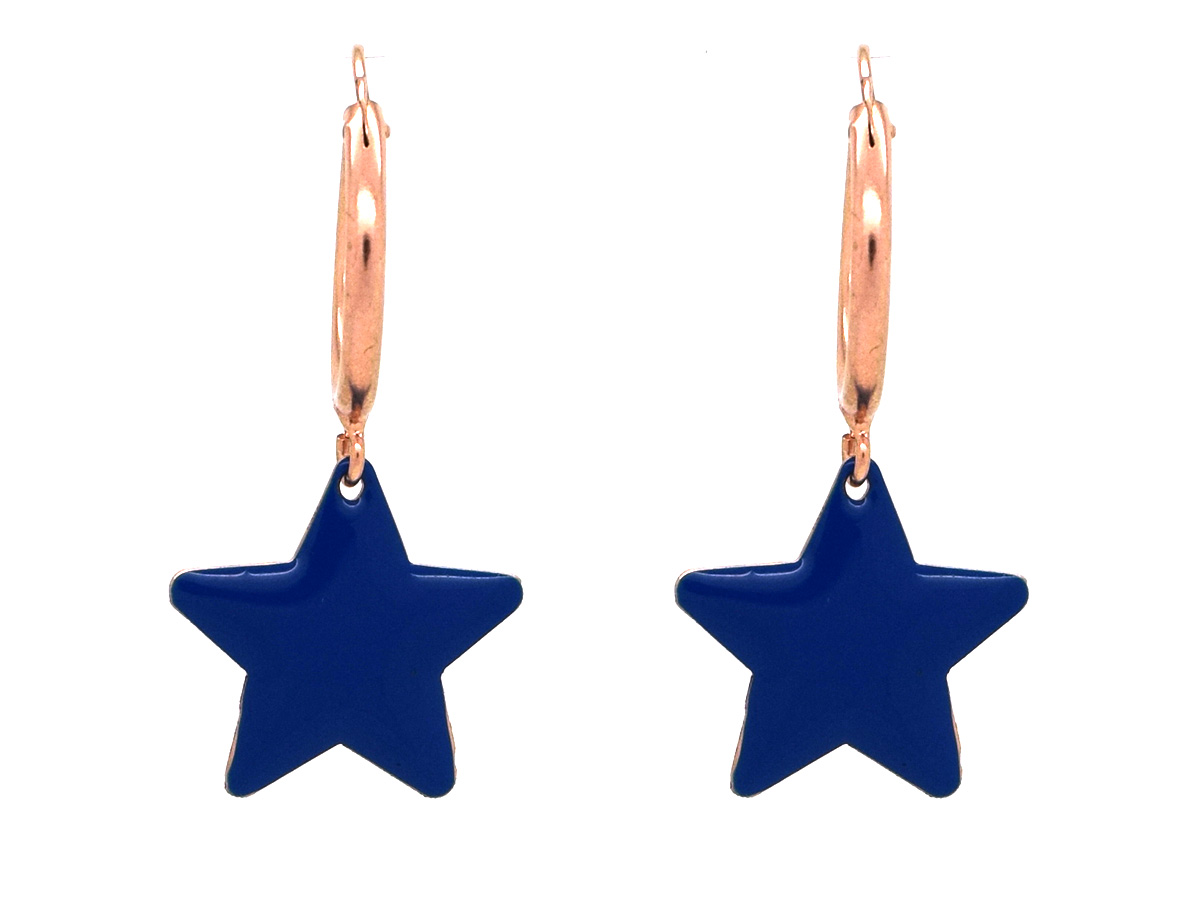 Orecchini campanella in argento placcato oro rosa con pendente smaltato blu a forma di stella