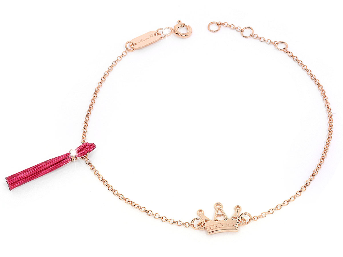 Bracciale in argento rosa con catena fine, nappa rossa e corona