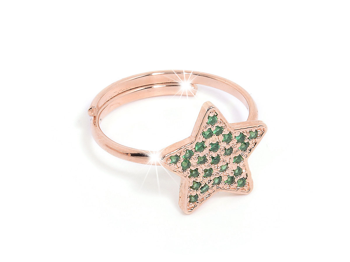 Anello in argento rosa a forma di stella con zirconi verdi