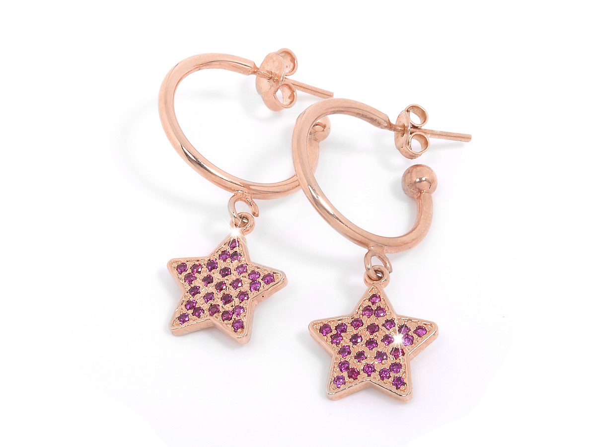 orecchini in argento rosa con pendente a forma di stella incastonati zirconi pietre naturali viola