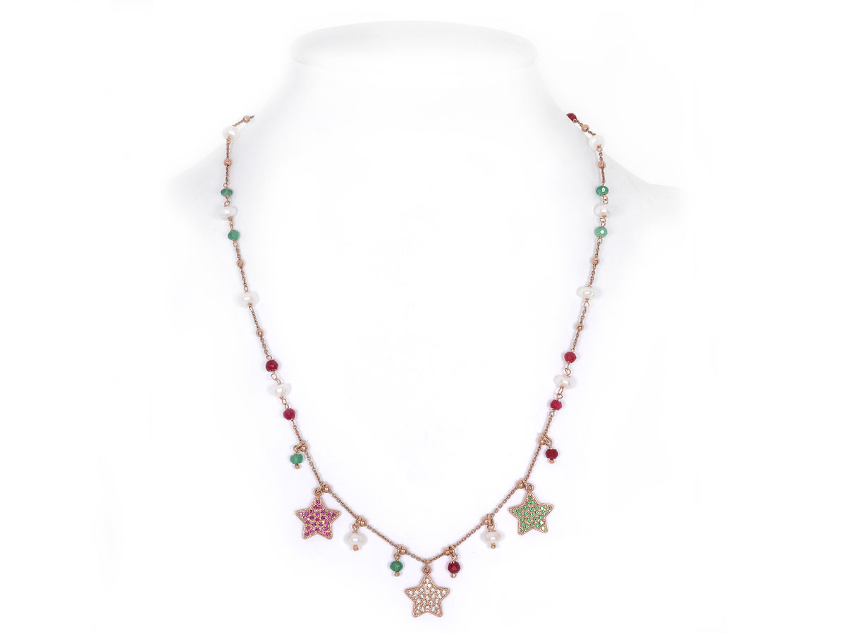 collana in argento con pietre multicolor naturali e pendenti a forma di stella con zirconi