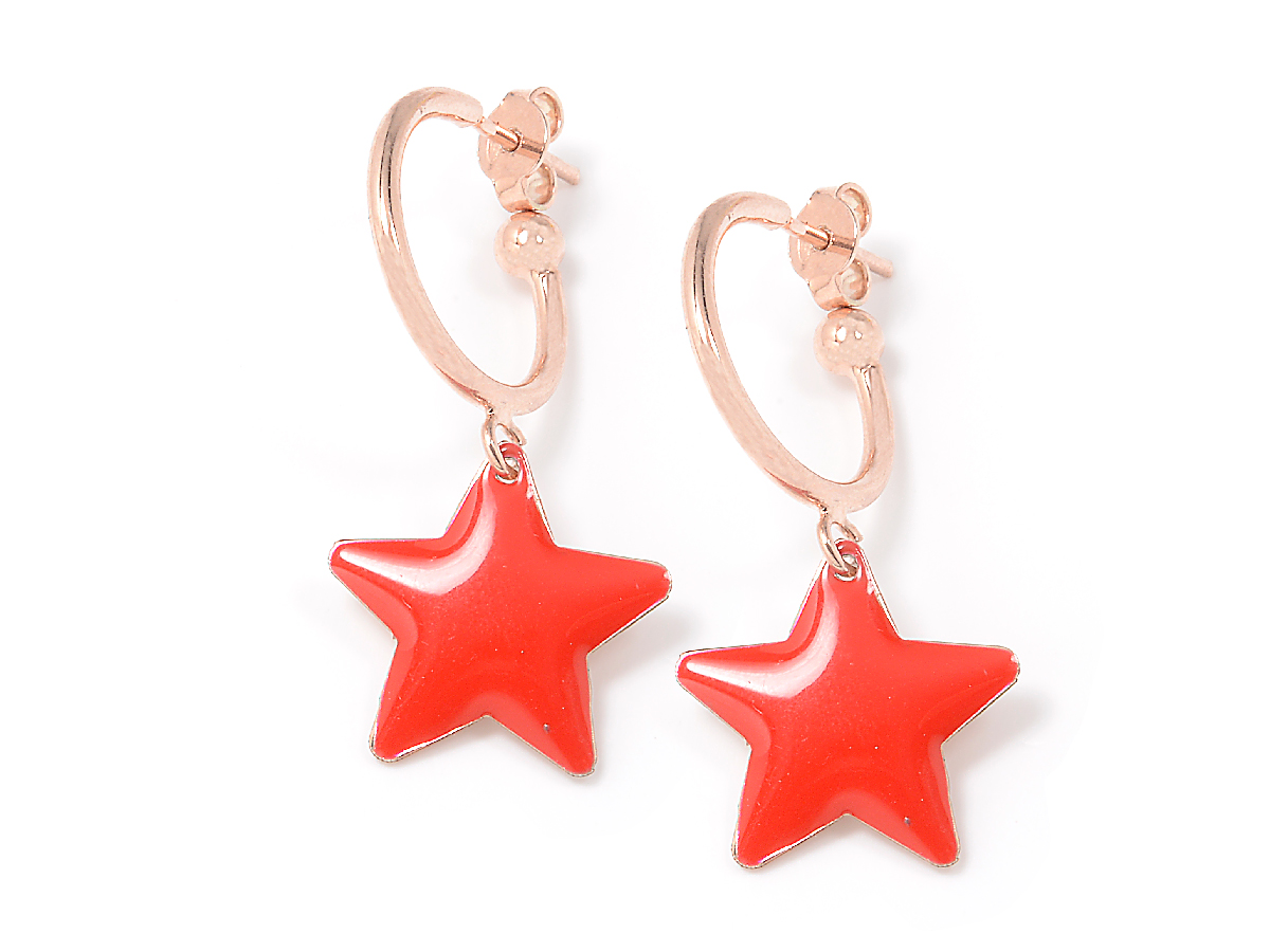 Orecchini in argento color rosa con stella smaltata rosso