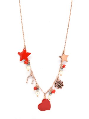 collana in argento con pendenti stelle cuori quadrifoglio ferro di cavallo e pietre naturali perle ematite e corallo