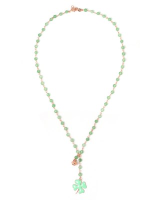 Collana in argento color rosa, pietre naturali agata verde con quadrifoglio smaltato e campanella