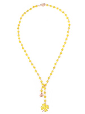 Collana in argento color rosa, pietre naturali agata gialla con quadrifoglio smaltato e campanella