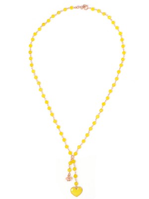 Collana in argento color rosa, pietre naturali agata gialla con cuore smaltato e campanella