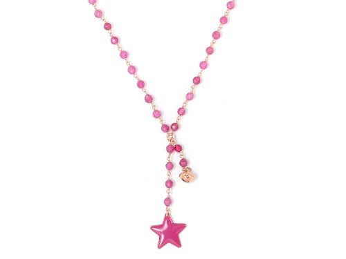 Collana in argento color rosa, pietre naturali agata viola con stella smaltata e campanella