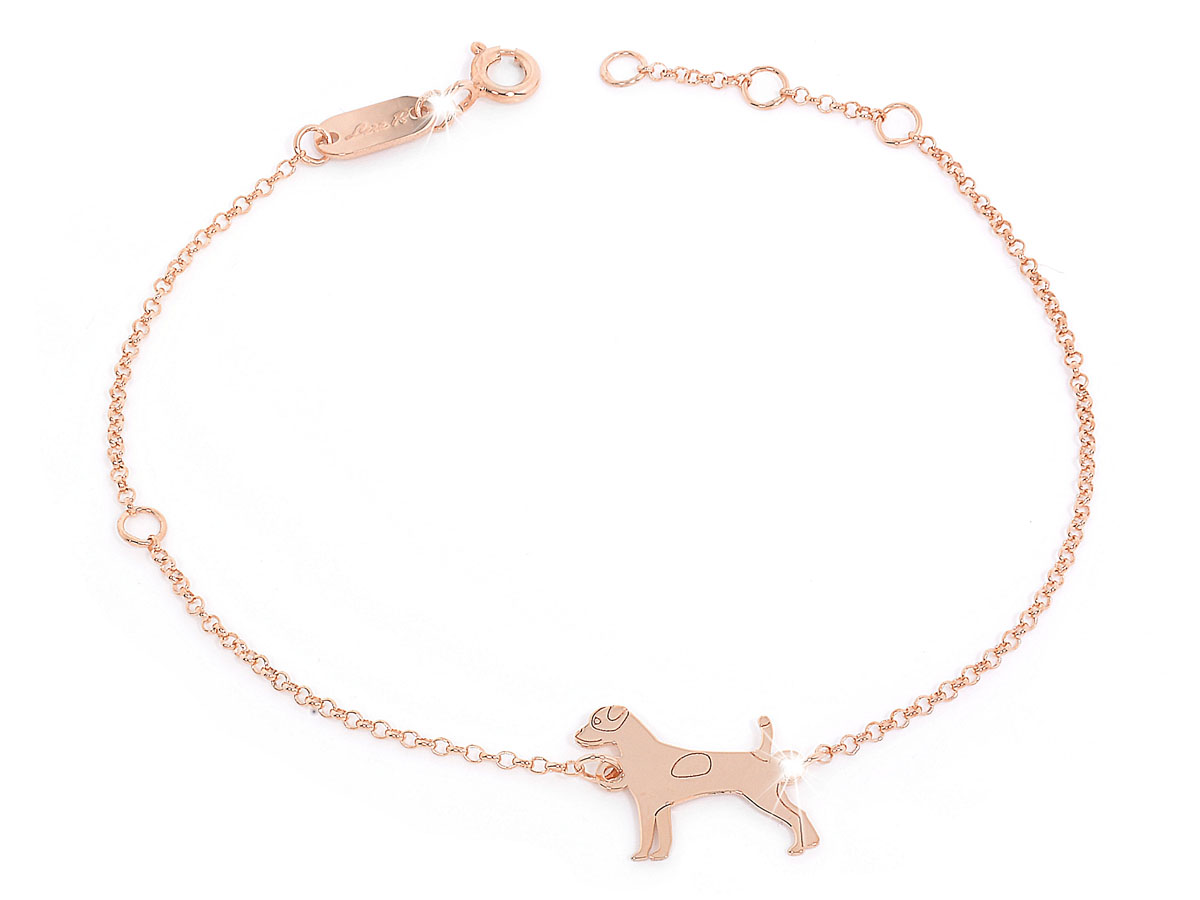 Bracciale in argento rosa con catena fine e pendente cagnolino