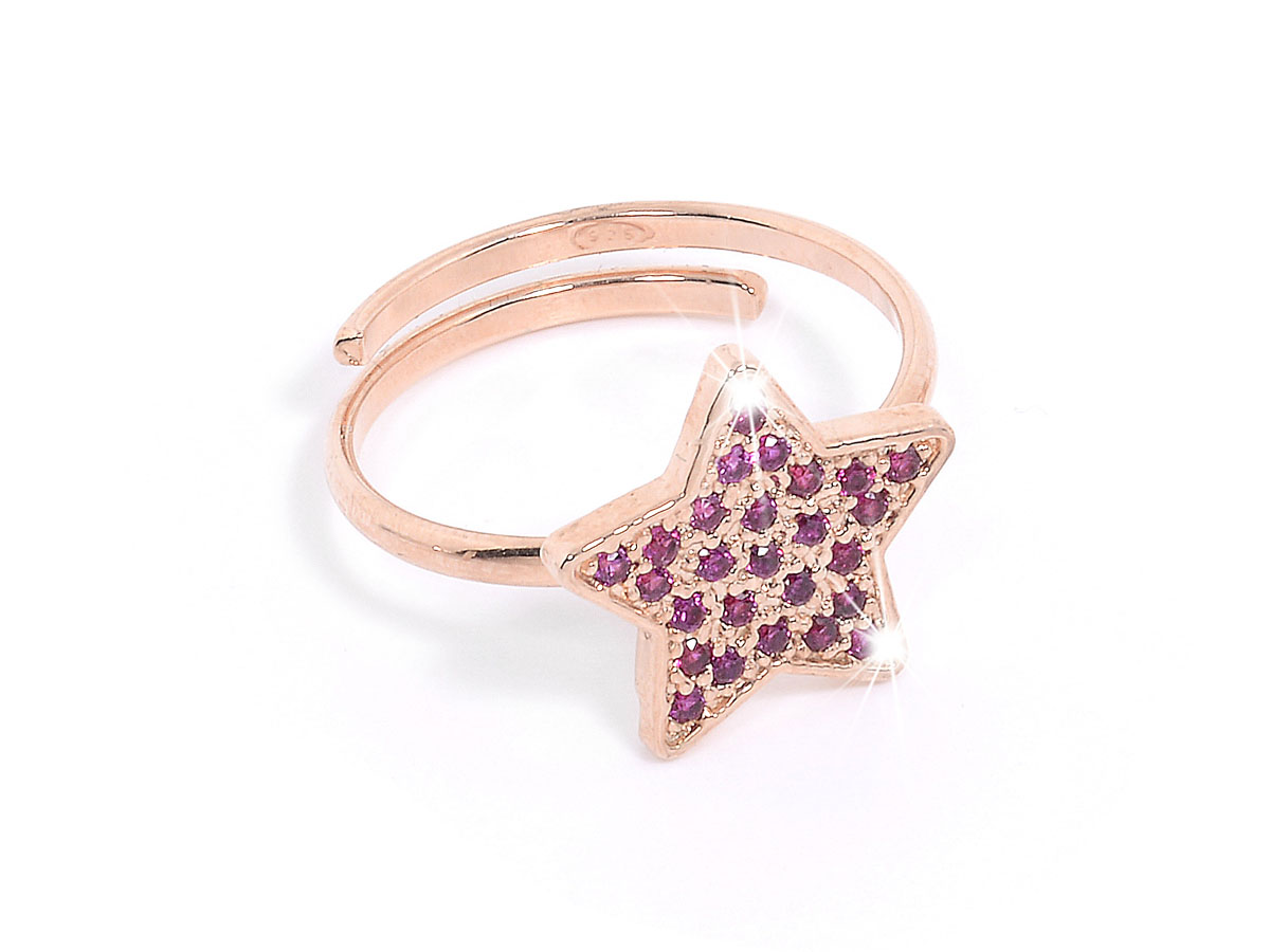 Anello in argento rosa a forma di stella con pietre naturali viola