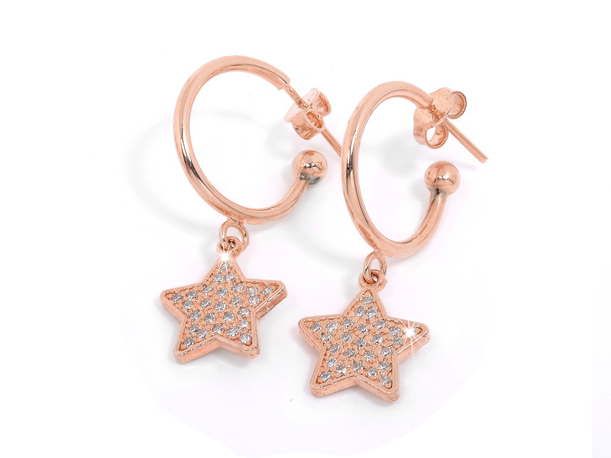 orecchini in argento rosa con pendente a forma di stella incastonati zirconi pietre naturali bianche
