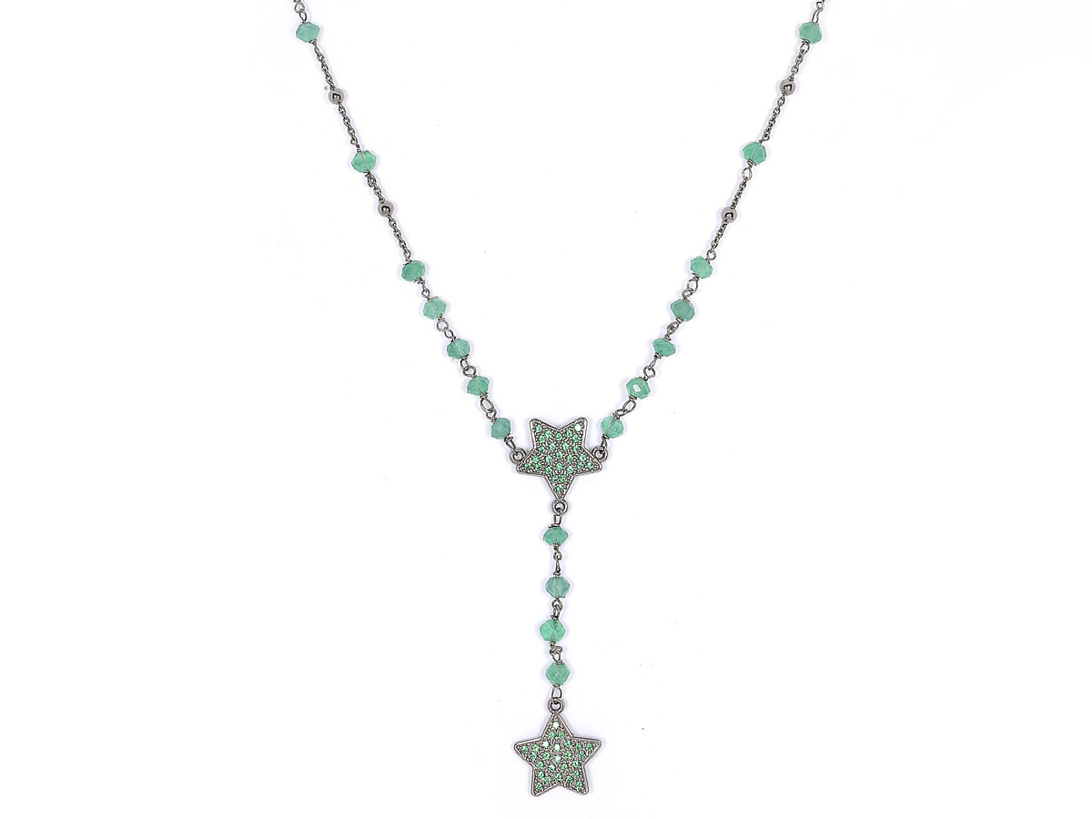 collana in argento e pietre naturali verdi e 2 stelle pendenti con quarzo