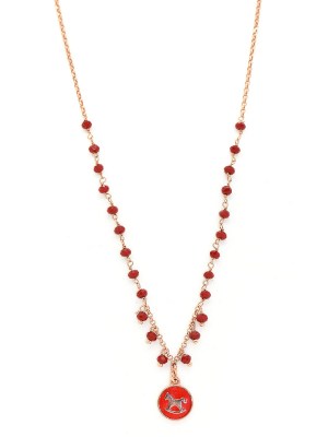 Collana in argento color rosa con pietre naturali rosse e pendente cavallo a dondolo con smalto rosso