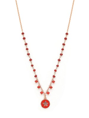 Collana in argento color rosa con pietre naturali rosse e pendente a stella con smalto rosso