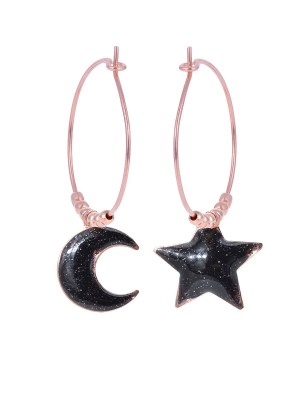 Orecchini in argento rosa con pendente smaltato nero luna e stella