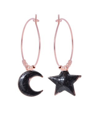 Orecchini in argento rosa con pendente smaltato nero luna e stella