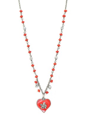 Collana in argento brunito con pietre rosse e pendente angelo con smalto