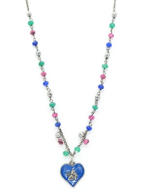 Collana in argento brunita con pietre colorate e pendente a forma di cuore con angioletto con smalto blu