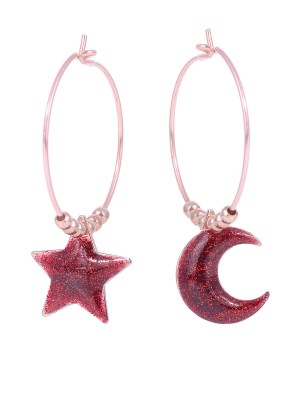 Orecchini in argento con stella e luna smalto rosso e glitter