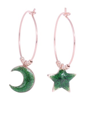 Orecchini in argento con stella e luna smalto verde e glitter