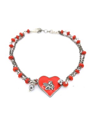 Bracciale in argento brunito con pietre rosse e pendente con cuore smaltato e angelo di michelangelo, putto