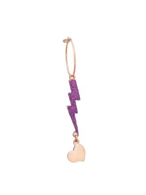 Orecchino singolo con pendenti fulmine e cuore glitter viola