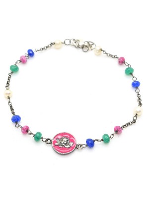 Bracciale in argento brunito con pietre colorate e pendente smaltato rosa con angelo putto