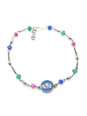 Bracciale in argento brunito con pietre colorate e pendente smaltato celeste con angelo putto di michelangelo