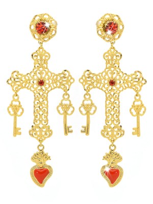 Orecchini filigrana gialla a forma di croce con cuore votivo smaltato e pietre rosse