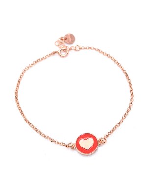 Bracciale in argento color rosa con pendente cuore smaltato rosso