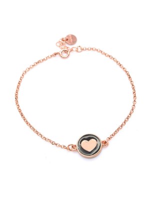 Bracciale in argento color rosa con pendente cuore smaltato nero