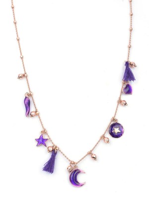 Collana in argento rosa di 45cm con nappe viola e pendenti con smalto