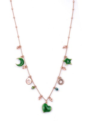 Collana in argento rosa con pendenti luna cuore e stelle con smalto