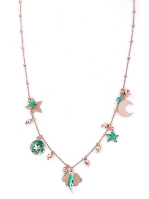Collana in argento rosa di 45cm con pendenti smaltati verde con fulmini e stelle
