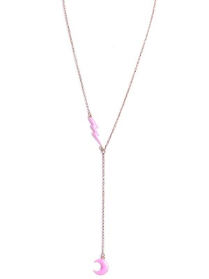 Collana in argento rosa lunga con pendenti fulmine e luna smalto rosa