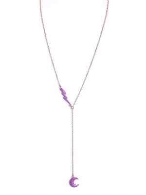 Collana in argento rosa lunga con pendenti fulmine e luna smalto viola