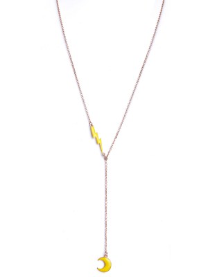 Collana in argento rosa lunga con pendenti fulmine e luna smalto giallo