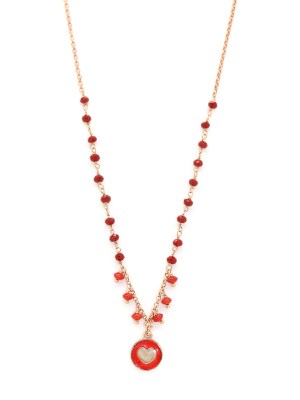 Collana in argento color rosa con pietre naturali rosse e pendente cuore con smalto rosso