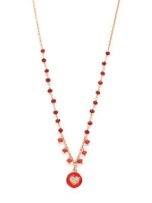 Collana in argento color rosa con pietre naturali rosse e pendente cuore con smalto rosso