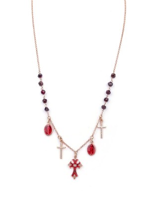 Collana in argento rosa di 45cm con pietra granato e pendenti madonnina e croce con smalto