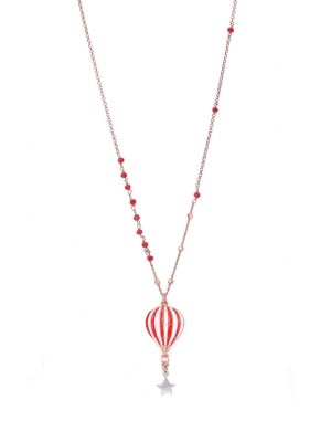 Collana in argento rosa con pietre naturali e pendente a mongolfiera con smalto rosso