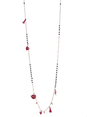 Collana in argento rosa lunga di 90cm con pietre e bocca, cuori e fulmini smaltati e nappe rosse