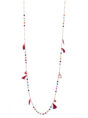 Collana in argento rosa lunga di 90cm con pietre colorate e pendenti portafortuna