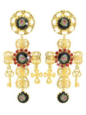 Orecchini filigrana a forma di croce con murrine floreali e pietre rosse