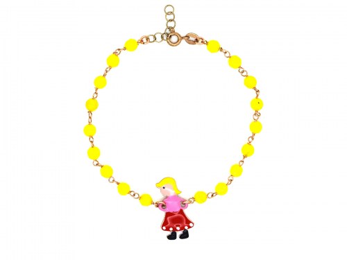 Bracciale in argento placcato oro rosa con centrale smaltato a forma di bambina e pietre gialle