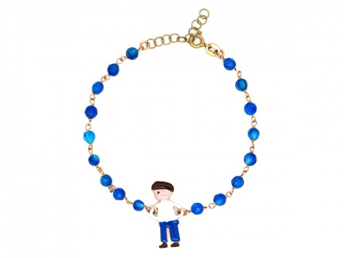 Bracciale in argento placcato oro giallo con centrale smaltato a forma di bambino e pietre blu