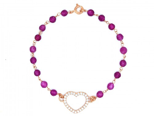 Bracciale in argento placcato oro rosa con centrale a forma di cuore con zirconi e pietre viola